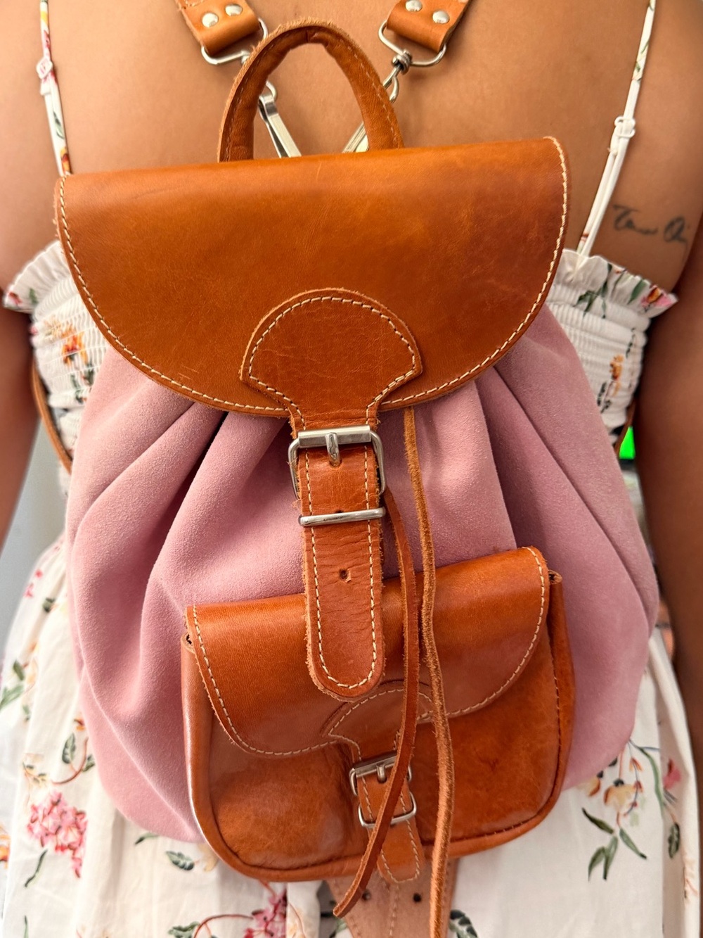 Pink Canvas Backpack with Tan Leather Trim - Unbranded